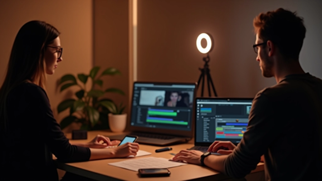 Video montāžas studio ar priekšējās apgaismojuma uzstādījumiem, smartphone uz statīva un portatīvais dators uz galda